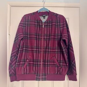 Torrid Burgundy Purple Plaid Brushed Ponte Bomber Jacket